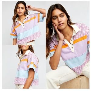 FREE PEOPLE MixPrint BELLA Collar Henley Tee Top